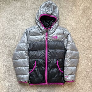 North Face Down Puffer Jacket Girls XS 6 Colorblock Gray Purple 550 Hood Outdoor